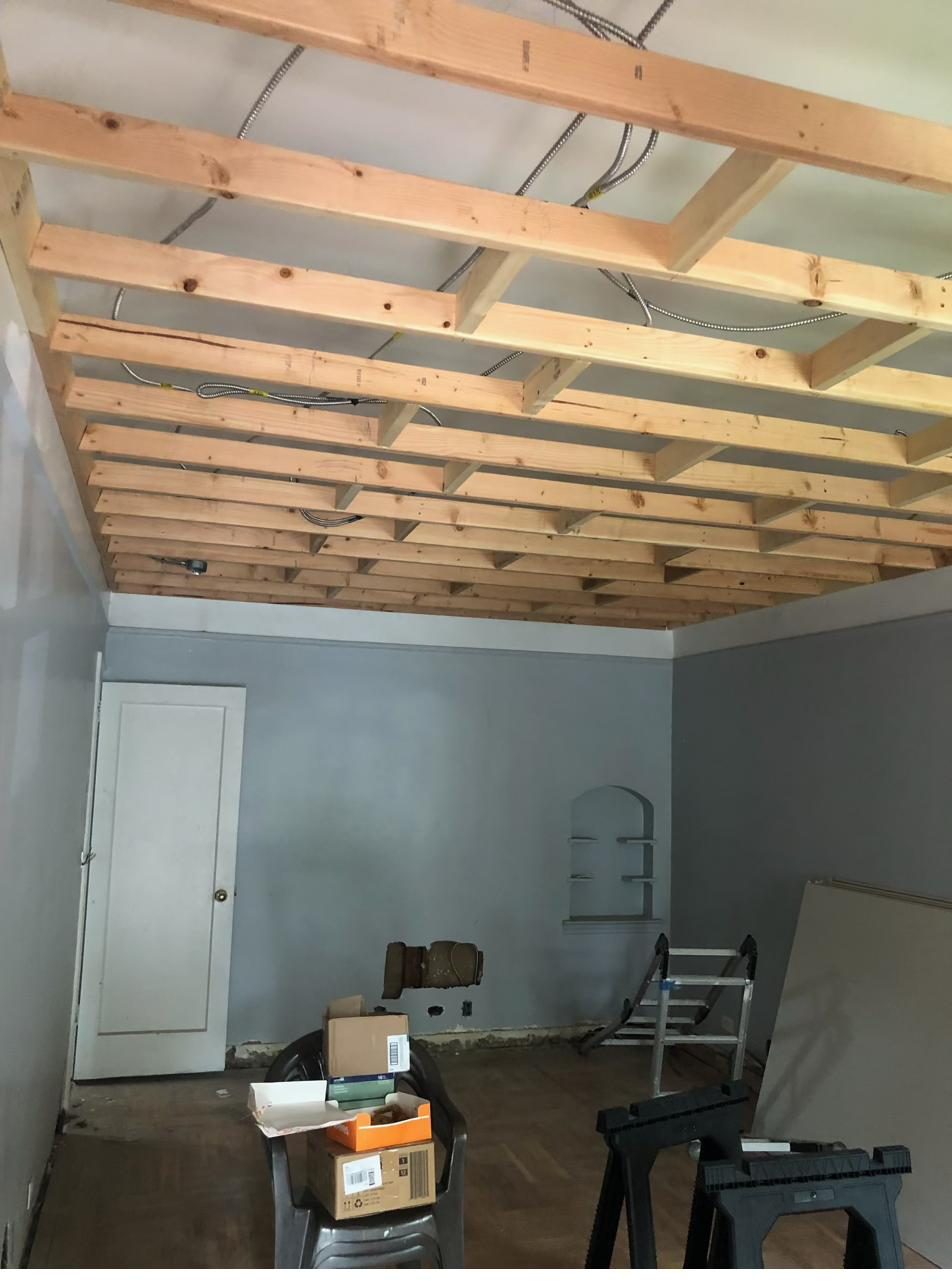Exposed ceiling framing during a room addition