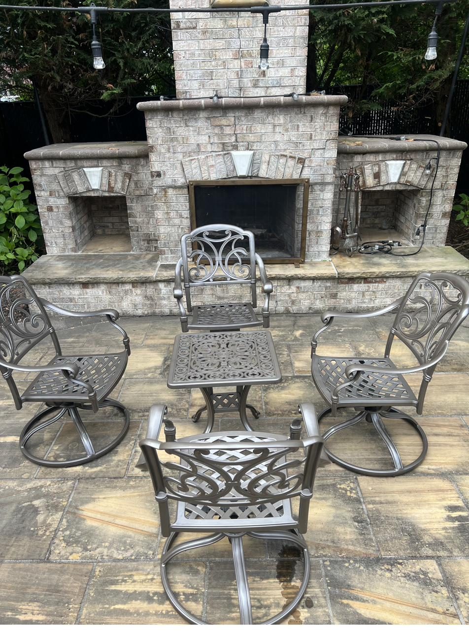 Outdoor stone fireplace and patio